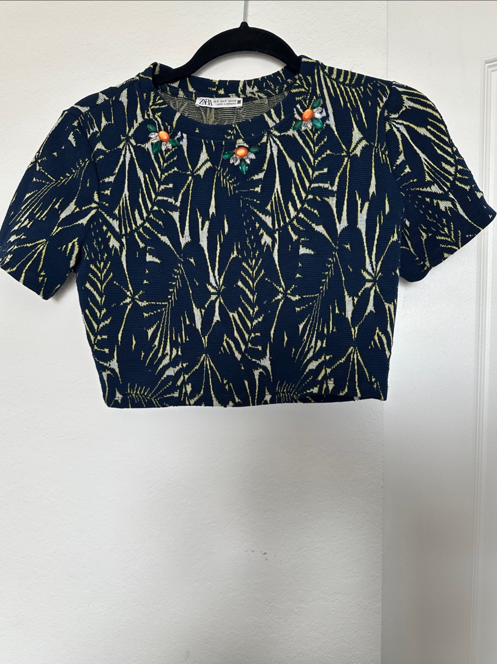 Zara Navy & Cream Leaf-Print Cropped Knit Top with Coral Bead Accents